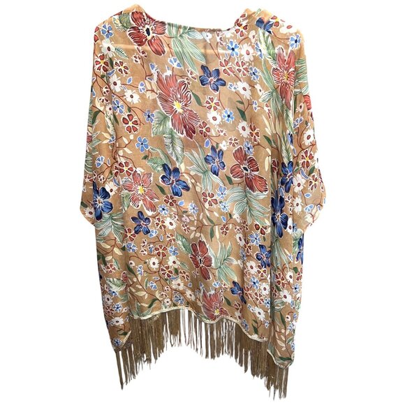 Floral Shawl Cardigan With Fringe Hem Medium 100% Polyester - Picture 2 of 2